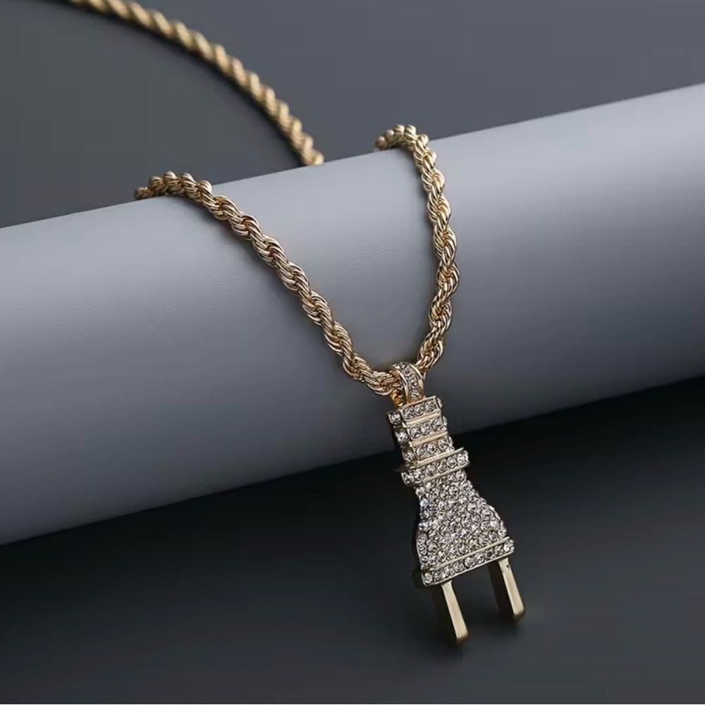 Gold-Tone Pavé Plug Pendant Rope Chain Necklace - 14K Finish